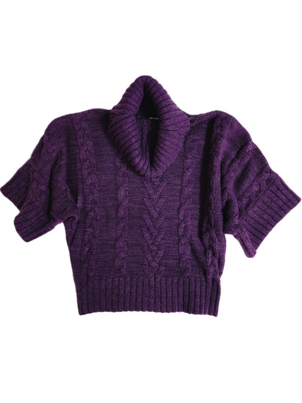 Jillian Nicole Women Purple CableKnit CowlNeck Winged Short Sleeve Sweater Sz SP